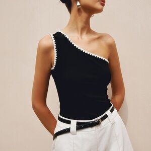 Commense Contrast Trim One Shoulder Off Tank Top